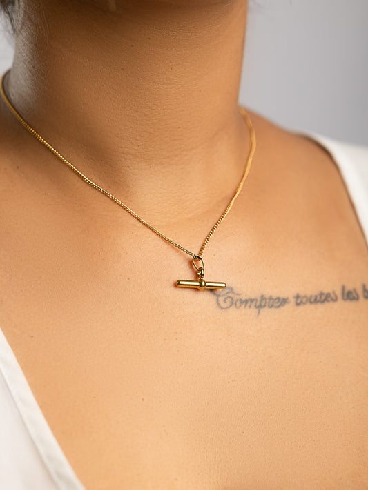 Omni Jewellery Necklace, pvd gold platedj ewellery, styled on model from a front side view